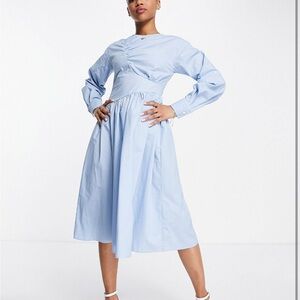 urban Revivo gathered detail midi smock dress light blue symmetrical detail